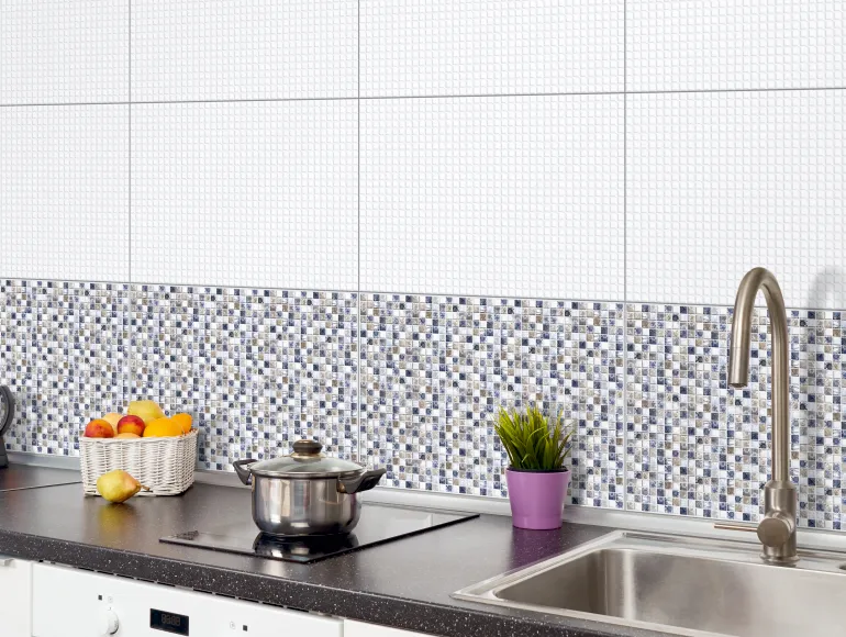 small kitchen design with sink and fruit basket